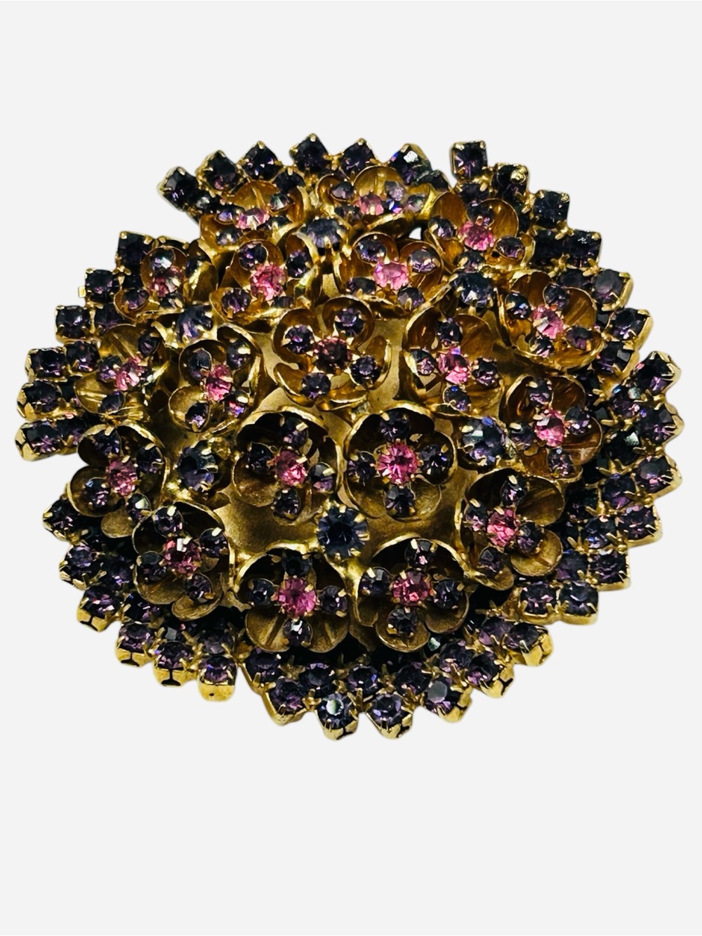 Vintage Ruffled Purple Pink Rhinestone Flower Brooch